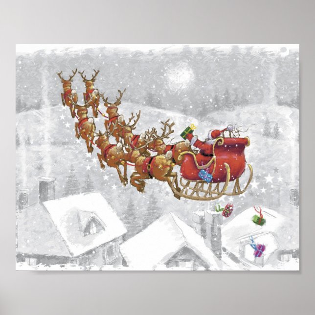 Santa Claus riding on sleigh with gift box Poster (Front)