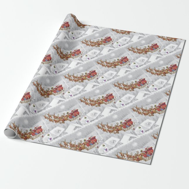 Santa Claus riding on sleigh with gift box Wrapping Paper (Unrolled)