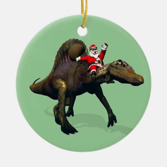 Santa Claus Riding On Spinosaurus Ceramic Tree Decoration (Front)