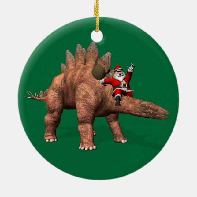 Santa Claus Riding On Stegosaurus Ceramic Tree Decoration (Back)