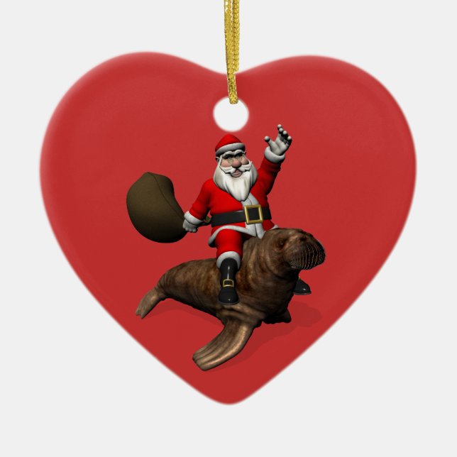Santa Claus Riding On Walrus Ceramic Tree Decoration (Front)