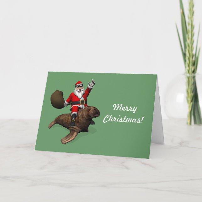Santa Claus Riding On Walrus Holiday Card (Front)