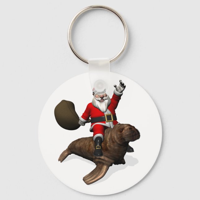 Santa Claus Riding On Walrus Key Ring (Front)