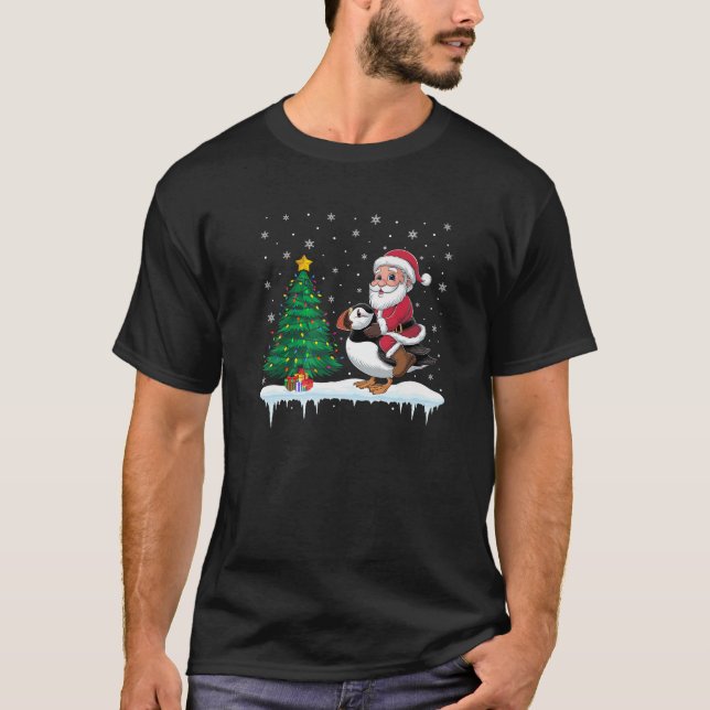 Santa Claus Riding Puffin Boys Girls Kids Christma T-Shirt (Front)