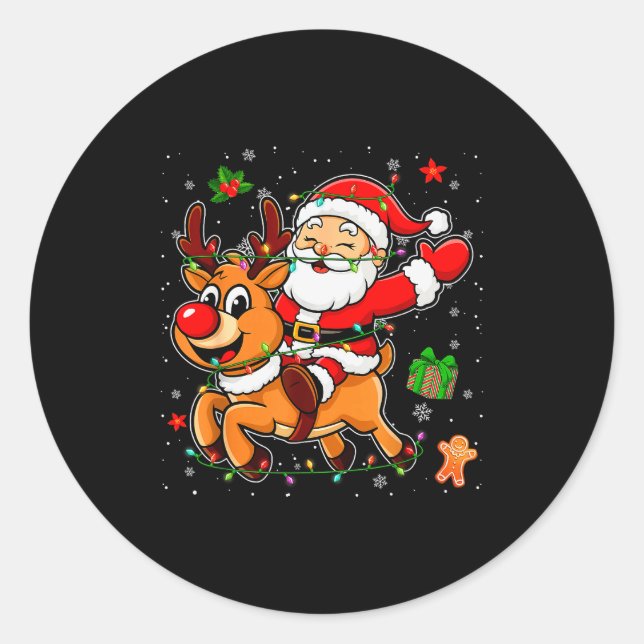 Santa Claus Riding Reindeer Merry Christmas Pajama Classic Round Sticker (Front)