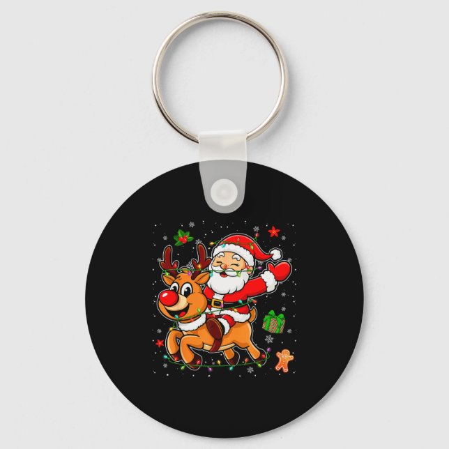 Santa Claus Riding Reindeer Merry Christmas Pajama Key Ring (Front)