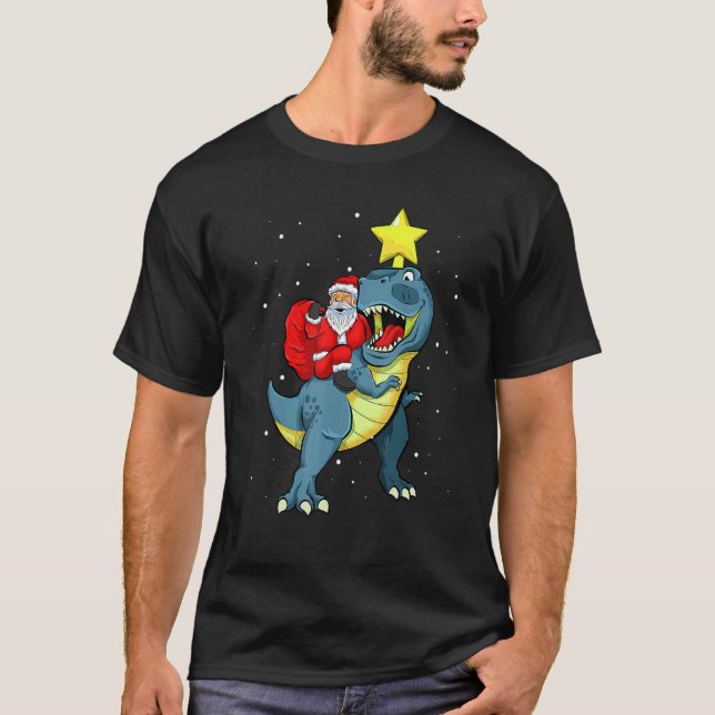 Santa Claus Riding Rex Dinosaur Christmas For Boys T-Shirt (Front)