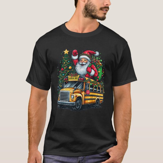 Santa Claus Riding School Bus Driver Christmas Tre T-Shirt (Front)