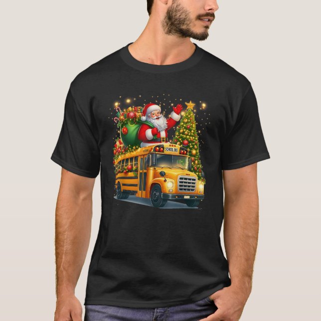 Santa Claus Riding School Bus Driver Christmas Tre T-Shirt (Front)