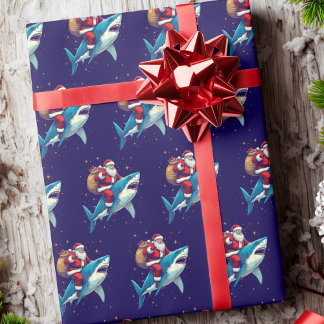 Santa Claus Riding Shark Christmas Blue Wrapping Paper