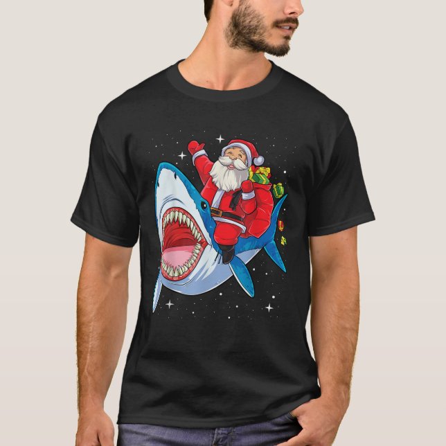 Santa Claus Riding Shark Christmas Boys Merry Shar T-Shirt (Front)