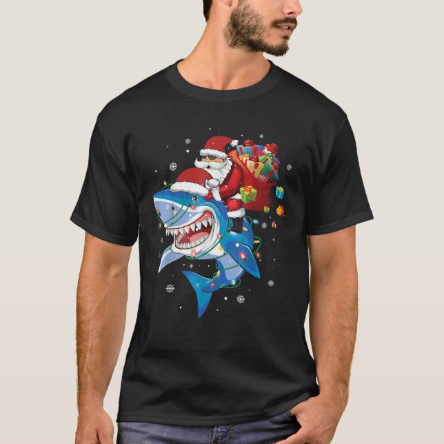 Santa Claus riding shark lover Merry Christmas Xma T-Shirt (Front)