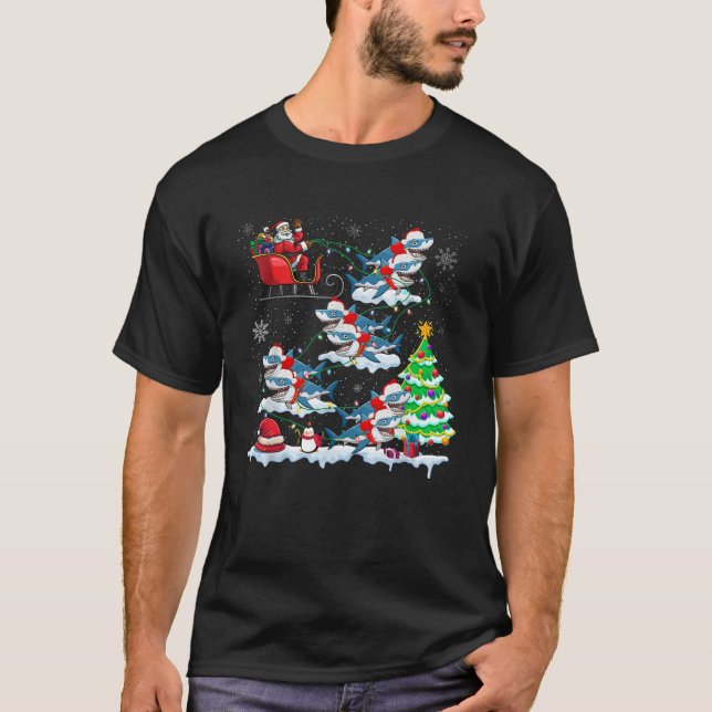 Santa Claus Riding Shark Sleigh Christmas Tree Lig T-Shirt (Front)