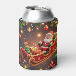 Santa Claus Riding Sleigh with a Reindeer Can Cooler