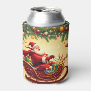 Santa Claus Riding Sleigh with a Reindeer Can Cooler