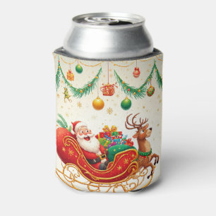 Santa Claus Riding Sleigh with a Reindeer Can Cooler