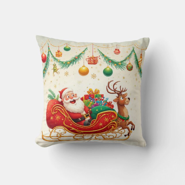 Santa Claus Riding Sleigh with a Reindeer Cushion (Front)