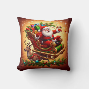 Santa Claus Riding Sleigh with a Reindeer Cushion
