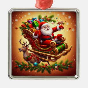 Santa Claus Riding Sleigh with a Reindeer Metal Tree Decoration
