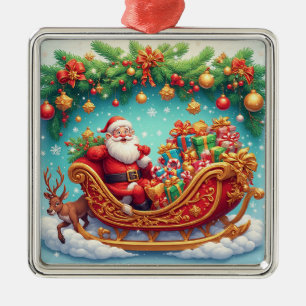 Santa Claus Riding Sleigh with a Reindeer Metal Tree Decoration