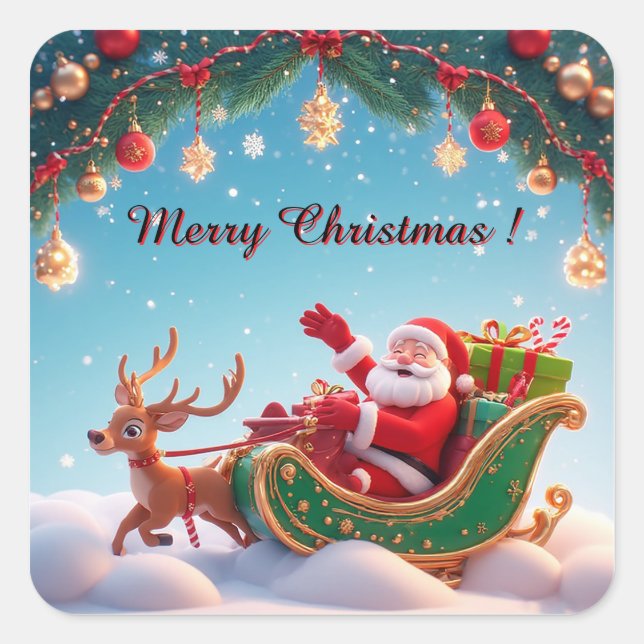 Santa Claus Riding Sleigh with a Reindeer Square Sticker (Front)