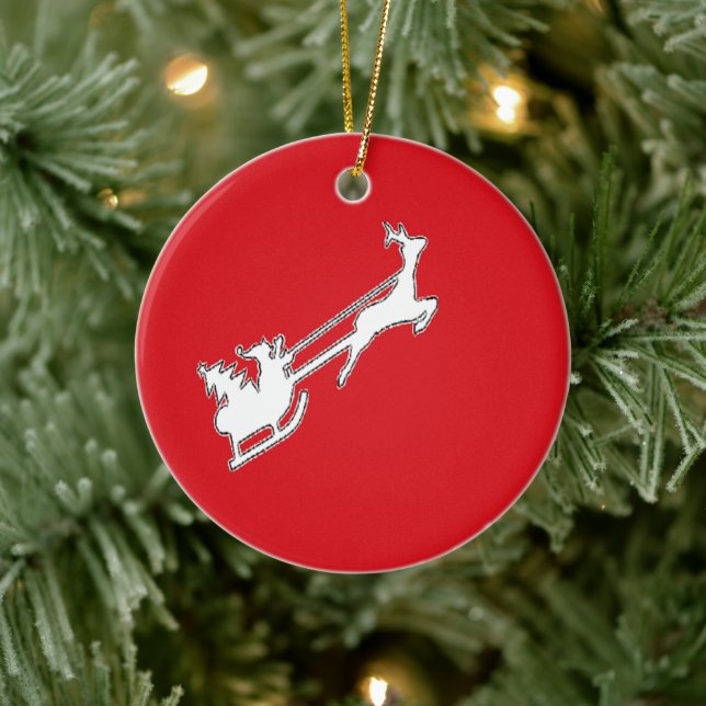 Santa Claus riding sly with reindeer Ceramic Tree Decoration (Tree)