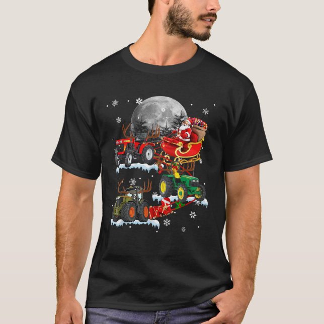 Santa Claus Riding Tractor Sleigh Christmas Tracto T-Shirt (Front)