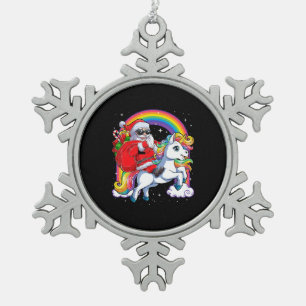 Santa Claus Riding Unicorn Funny Christmas Snowflake Pewter Christmas Ornament