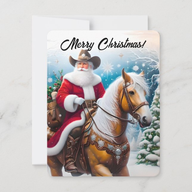 Santa Claus Riding Western Christmas Holiday Card (Front)