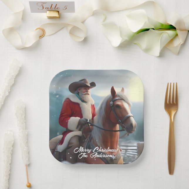 Santa Claus Riding Western Christmas Paper Plate (Wedding)