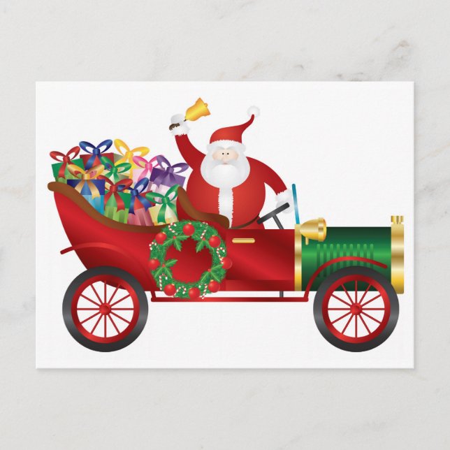 Santa Claus Ringing Bell in Vintage Car Postcard (Front)