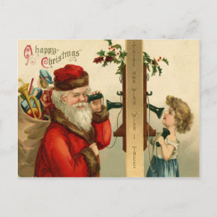 Santa Claus Sack of Toys Holly Phone Holiday Postcard