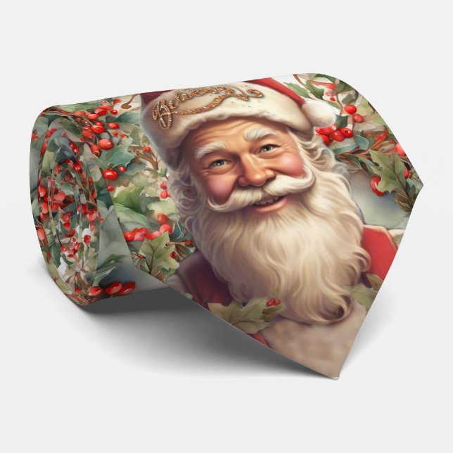 Santa Claus Saint Nicholas Christmas holly leaves Tie (Rolled)
