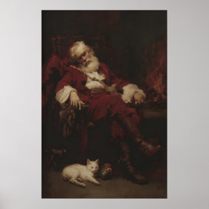 Santa Claus Saint Nicholas Resting Beside Cat And Poster