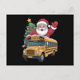Santa Claus School Bus Christmas Tree Driver Xmas Holiday Postcard