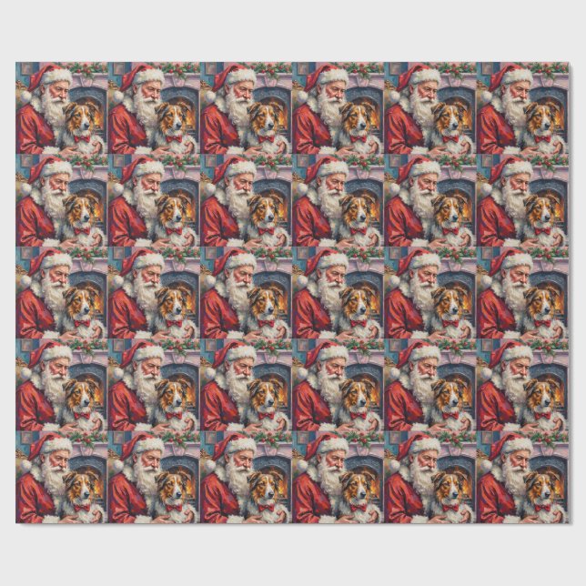 Santa Claus Shetland Sheepdog Christmas Art Wrapping Paper (Flat)
