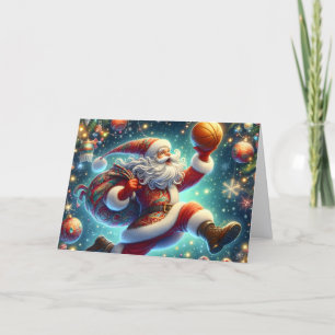 Santa Claus shooting Hoops Basketball Holiday Card