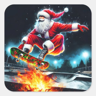 Santa Claus Skateboarding in a Winter Skate Park Square Sticker