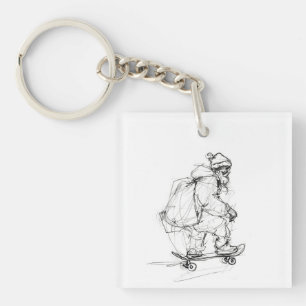 Santa Claus Skateboarding with Presents Key Ring
