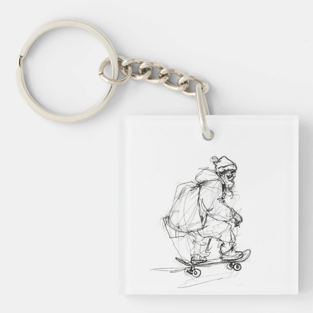Santa Claus Skateboarding with Presents Key Ring (Front)