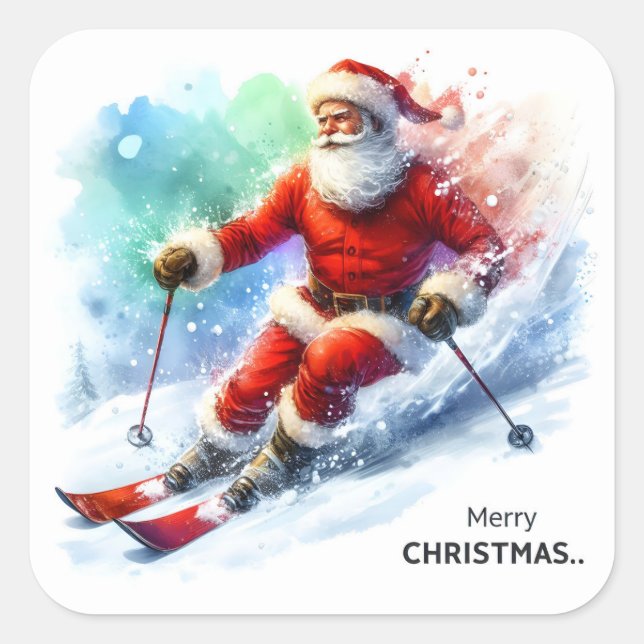Santa Claus Skiing Down a Snowy Mountain Slope Square Sticker (Front)
