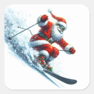 Santa Claus Skiing Down a Snowy Mountain Slope Square Sticker