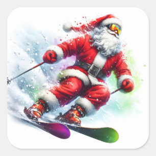 Santa Claus Skiing Down a Snowy Mountain Trail Square Sticker