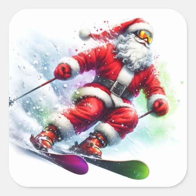 Santa Claus Skiing Down a Snowy Mountain Trail Square Sticker (Front)