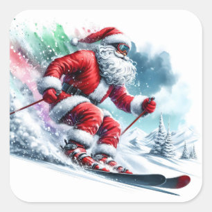 Santa Claus Skiing Down Snowy Mountains in Winter Square Sticker