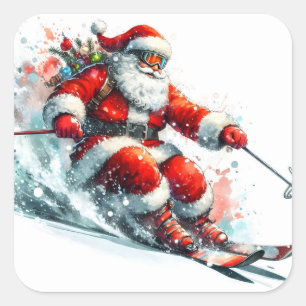 Santa Claus Skiing Joyfully Down a Snowy Mountain Square Sticker