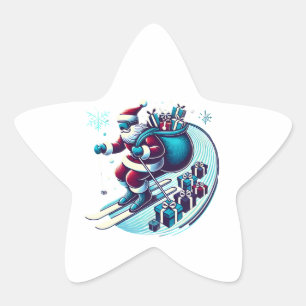 Santa Claus skiing with sack full of colourful gif Star Sticker