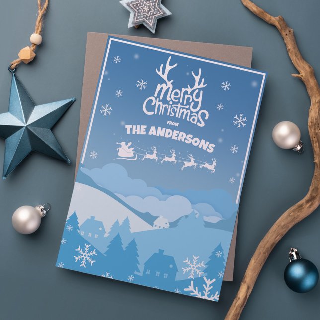 Santa Claus Sleigh and Reindeer Flying in the Sky Holiday Card (Creator Uploaded)