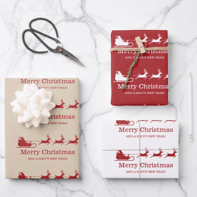 Santa Claus Sleigh And Reindeers & Custom Text Wrapping Paper Sheet (Front)