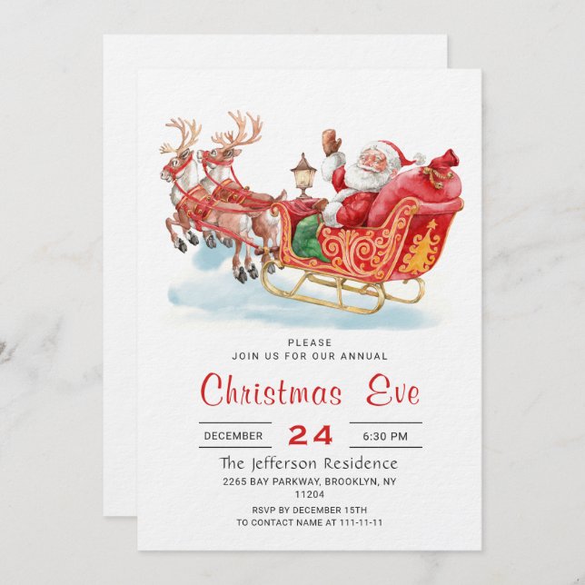 Santa Claus Sleigh Holiday Christmas Eve Party Invitation (Front/Back)